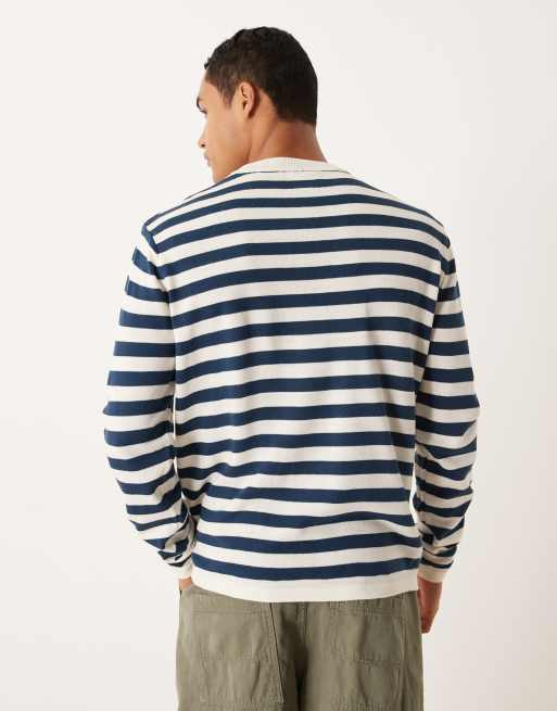 ASOS DESIGN relaxed knit long sleeve crew neck T-shirt in navy and white stripe, 3 of 5