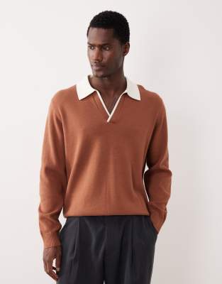 Asos Design Relaxed Knit Long Sleeve Notch Neck Polo Shirt In Brown