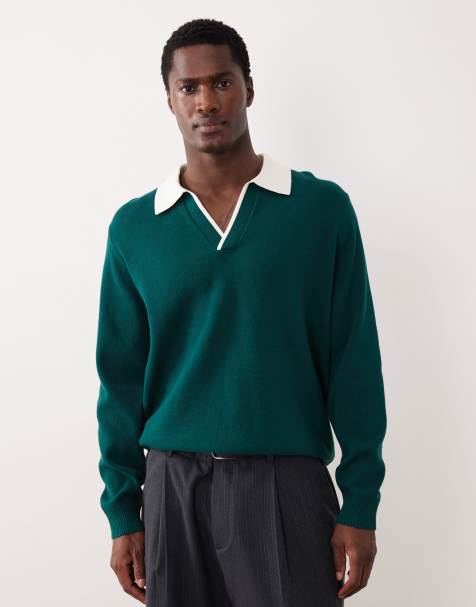 ASOS DESIGN relaxed knit long sleeve notch neck polo shirt in green - view 1
