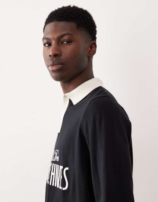 ASOS DESIGN relaxed knit long sleeve polo shirt with chest graphic in black, 4 of 5