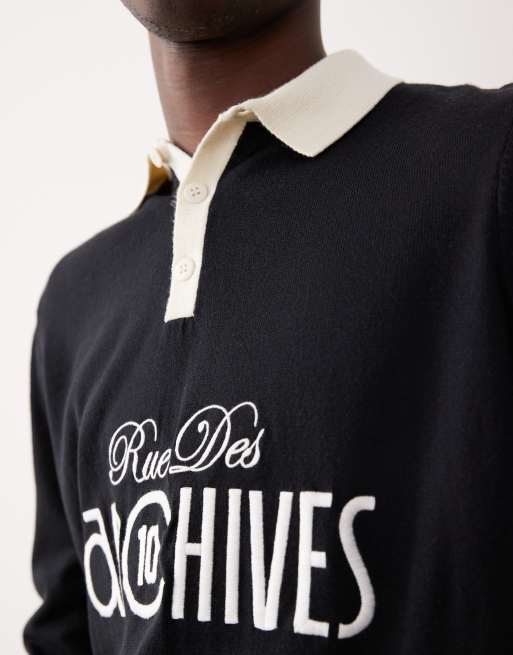 ASOS DESIGN relaxed knit long sleeve polo shirt with chest graphic in black, 5 of 5