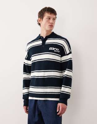 Asos Design Relaxed Knit Long Sleeve Polo With Chest Embroidery In Blue