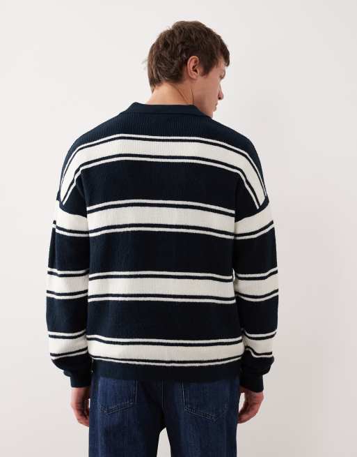ASOS DESIGN relaxed knit long sleeve polo with chest embroidery in navy and ecru stripe, 3 of 5