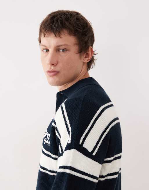 ASOS DESIGN relaxed knit long sleeve polo with chest embroidery in navy and ecru stripe, 4 of 5