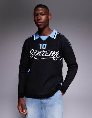 Asos Design Relaxed Knit Long Sleeve Polo With Sport Graphic In Blue