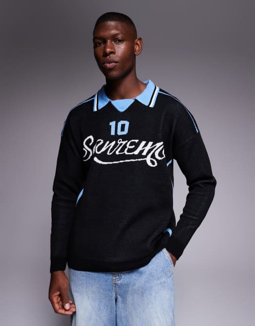 ASOS DESIGN relaxed knit long sleeve polo with sport graphic in black