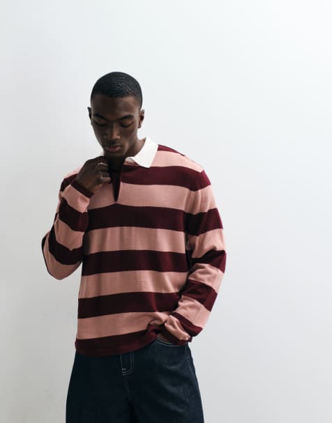 ASOS DESIGN relaxed knit long sleeve striped rugby polo shirt in burgundy and pink - view 1