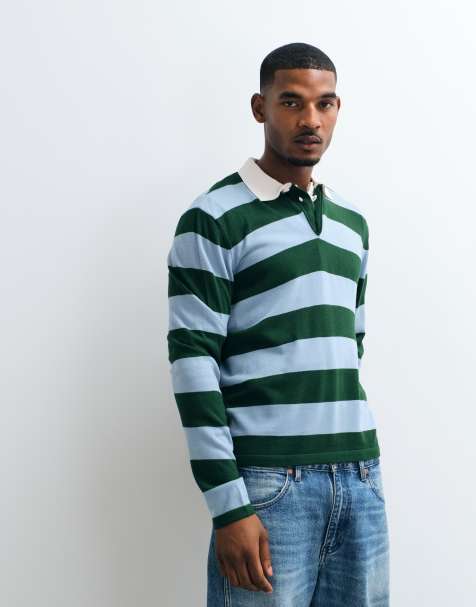 ASOS DESIGN relaxed knit long sleeve striped rugby polo shirt in green and blue - view 1