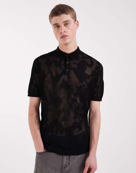 ASOS DESIGN relaxed knit mesh leopard print polo shirt in black - view 1