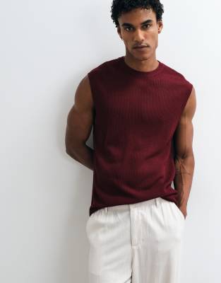 Asos Design Relaxed Knit Mesh Tank In Burgundy