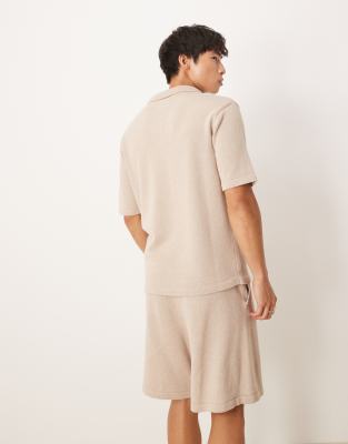Asos Design Relaxed Knit Notch Neck Polo In Neutral