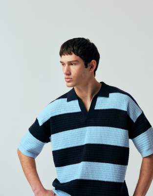 Asos Design Relaxed Knit Notch Neck Polo In Blue