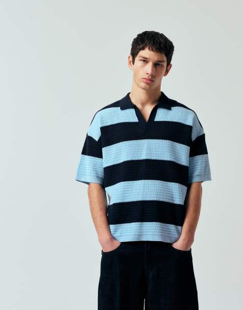 ASOS DESIGN relaxed knit notch neck polo in navy and blue stripe - view 1