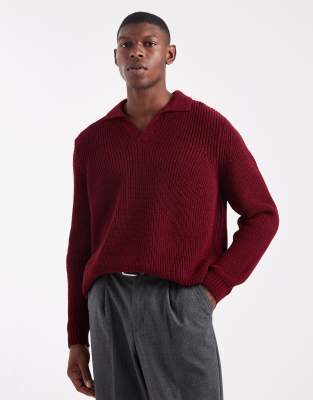Asos Design Relaxed Knit Notch Neck Polo In Burgundy