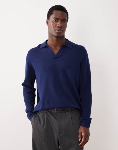 ASOS DESIGN relaxed knit notch neck polo shirt in navy - view 1