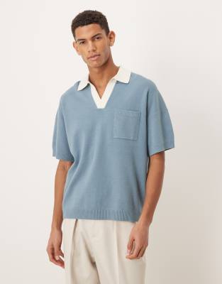 Asos Design Relaxed Knit Notch Neck Polo With Front Pocket In Blue