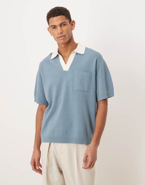 ASOS DESIGN relaxed knit notch neck polo with front pocket in blue - view 1