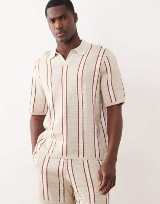 Asos Design Relaxed Knit Notch Neck Striped Polo In White