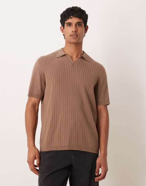 ASOS DESIGN relaxed knit notch neck striped polo shirt in brown - view 1