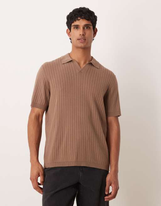 ASOS DESIGN relaxed knit notch neck striped polo shirt in brown, 2 of 5