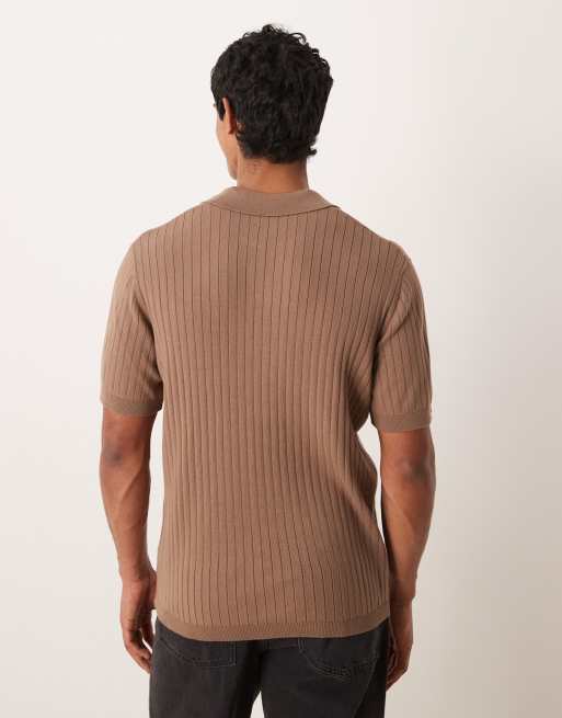 ASOS DESIGN relaxed knit notch neck striped polo shirt in brown, 3 of 5