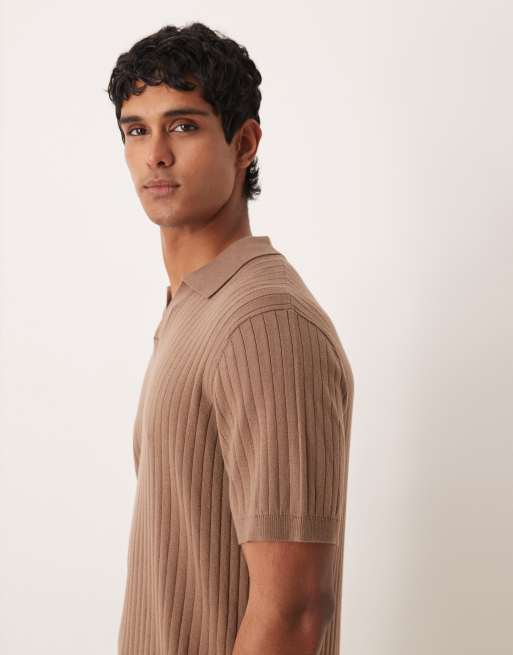 ASOS DESIGN relaxed knit notch neck striped polo shirt in brown, 4 of 5