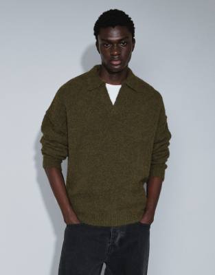 Asos Design Relaxed Knit Notch Neck Sweater In Green