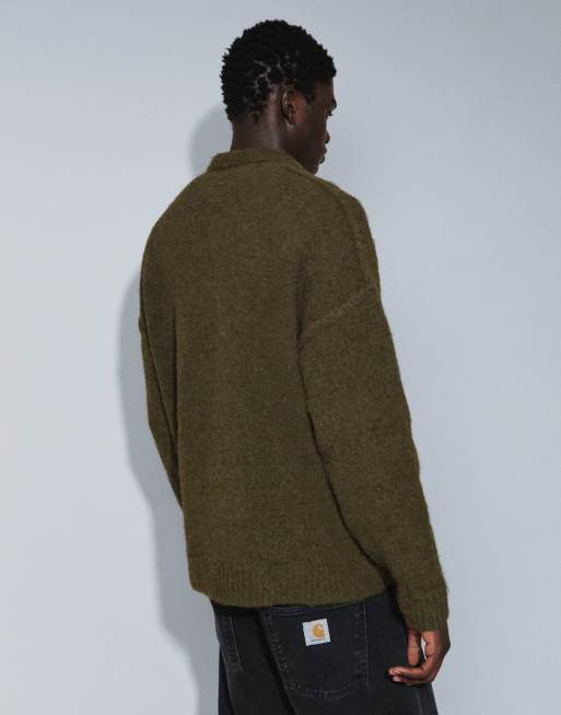 ASOS DESIGN relaxed knit notch neck sweater in khaki, 4 of 9