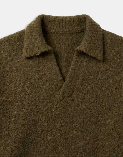 ASOS DESIGN relaxed knit notch neck sweater in khaki, 8 of 9