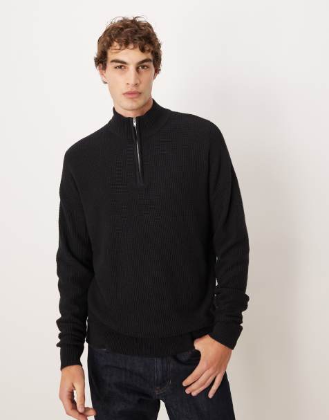 ASOS DESIGN relaxed knit pique funnel neck sweater in black - view 1