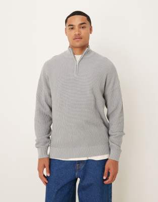 Asos Design Relaxed Knit Pique Funnel Neck Sweater In Gray