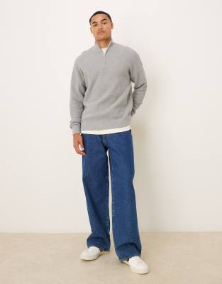 Asos Design Relaxed Knit Pique Funnel Neck Sweater In Gray