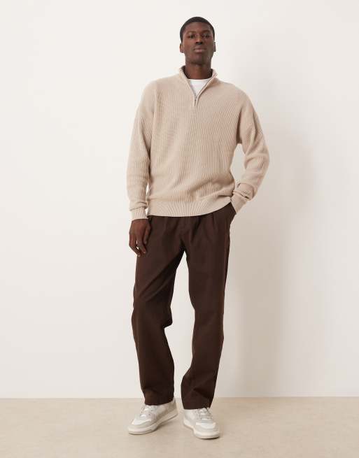 ASOS DESIGN relaxed knit pique funnel neck sweater in stone