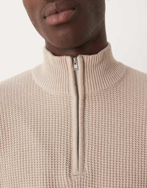 ASOS DESIGN relaxed knit pique funnel neck sweater in stone