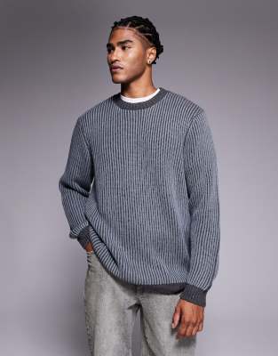 Asos Design Relaxed Knit Plated Rib Crew Neck Sweater In Blue