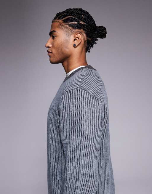 ASOS DESIGN relaxed knit plated rib crew neck sweater in gray, 4 of 5