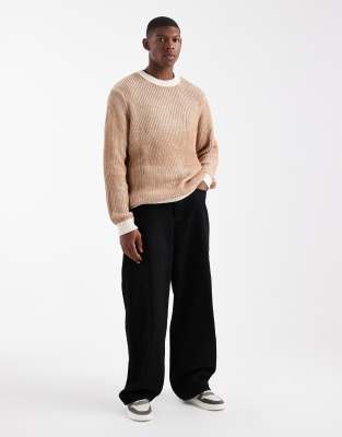 Asos Design Relaxed Knit Plated Rib Crew Neck Sweater In Neutral