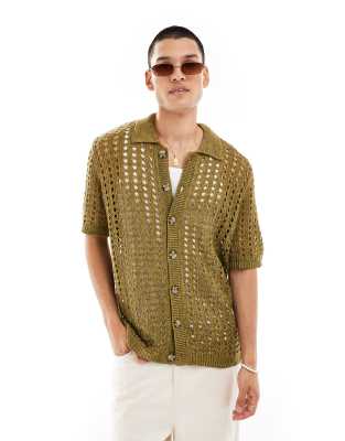 Asos Design Relaxed Knit Pointelle Button Up Polo In Olive-green