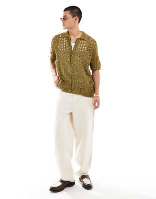 ASOS DESIGN relaxed knit pointelle button up polo in olive