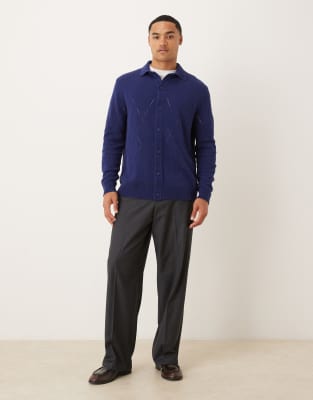 Asos Design Relaxed Knit Pointelle Button Up Polo Shirt In Blue