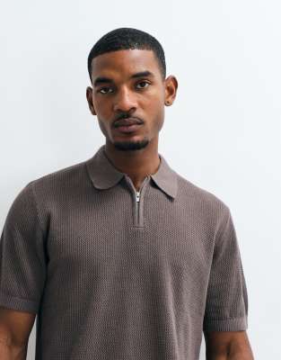 Asos Design Relaxed Knit Pointelle Half Zip Polo In Gray