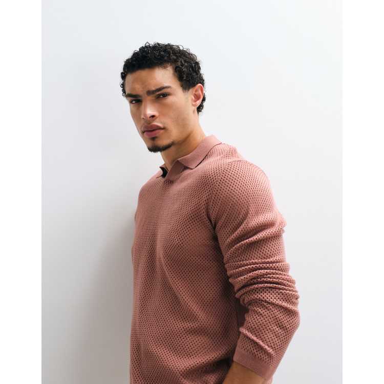ASOS DESIGN relaxed knit pointelle notch neck polo shirt in pink