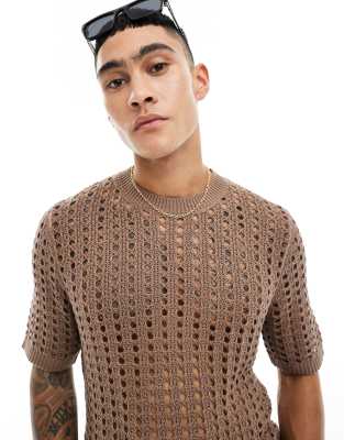 relaxed knit pointelle T-shirt in brown