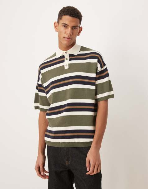 ASOS DESIGN relaxed knit polo shirt in khaki-green and navy stripes - view 1