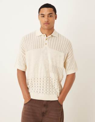ASOS DESIGN relaxed knit polo shirt with abstract texture in ecru - view 1