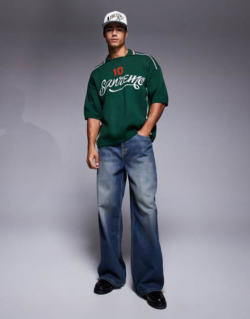 ASOS DESIGN relaxed knit polo shirt with athletic graphic in dark green, 3 of 4