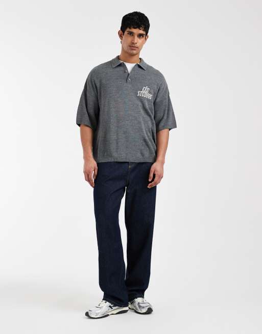 ASOS DESIGN relaxed knit polo shirt with ceu studios embroidery in heather gray, 2 of 5