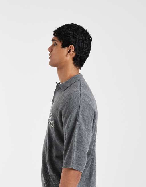 ASOS DESIGN relaxed knit polo shirt with ceu studios embroidery in heather gray, 4 of 5