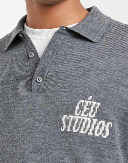 ASOS DESIGN relaxed knit polo shirt with ceu studios embroidery in heather gray, 5 of 5