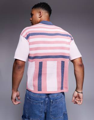 Asos Design Relaxed Knit Polo With Reverie Graphic In Pink